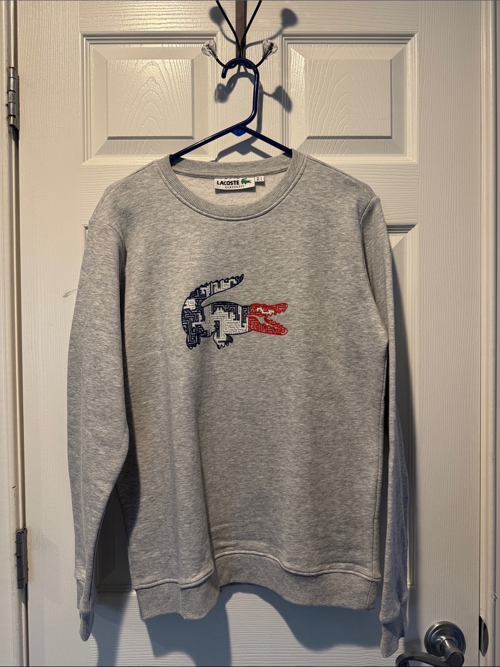 Lacoste Light Gray Crewneck Sweatshirt with Navy and Red Croc Logo
